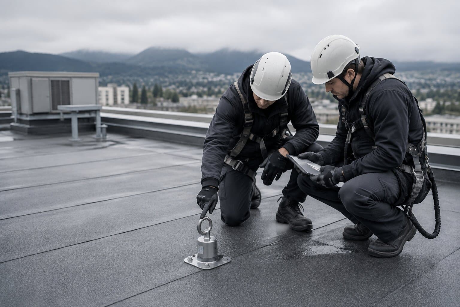 Two technicians in hard hats inspecting a structural roof anchor on a rooftop