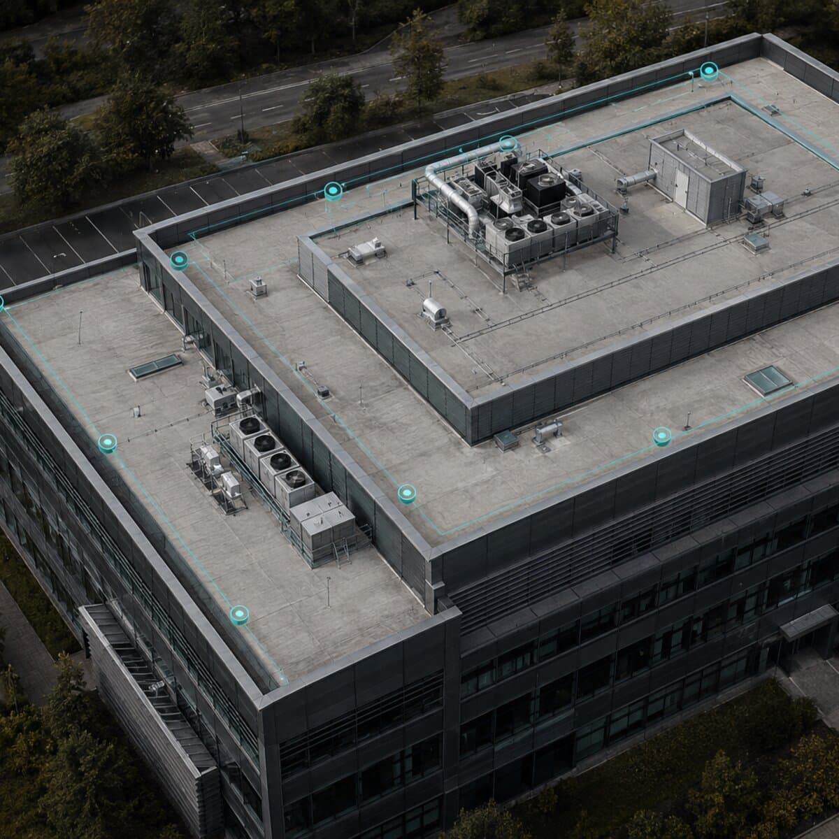 Aerial view of a commercial rooftop with anchor locations marked