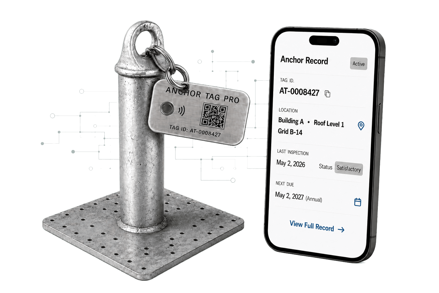 A physical Anchor Tag Pro NFC/QR tag mounted on a roof anchor, next to a phone showing its digital Anchor Record
