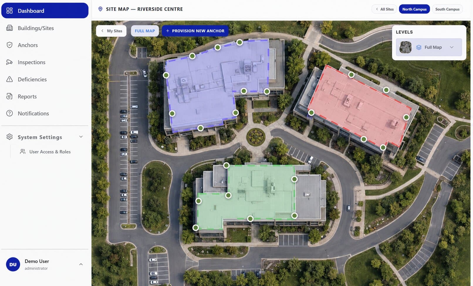 Interactive site map showing anchor locations across multiple buildings